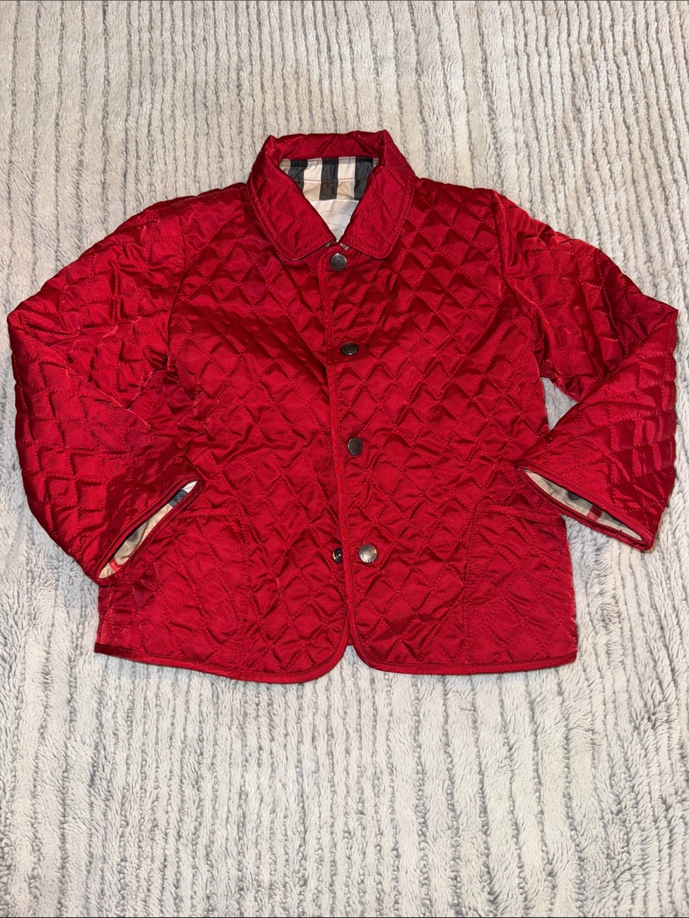 Burberry Red Quilted Kids Puffer Jacket with Check Trim